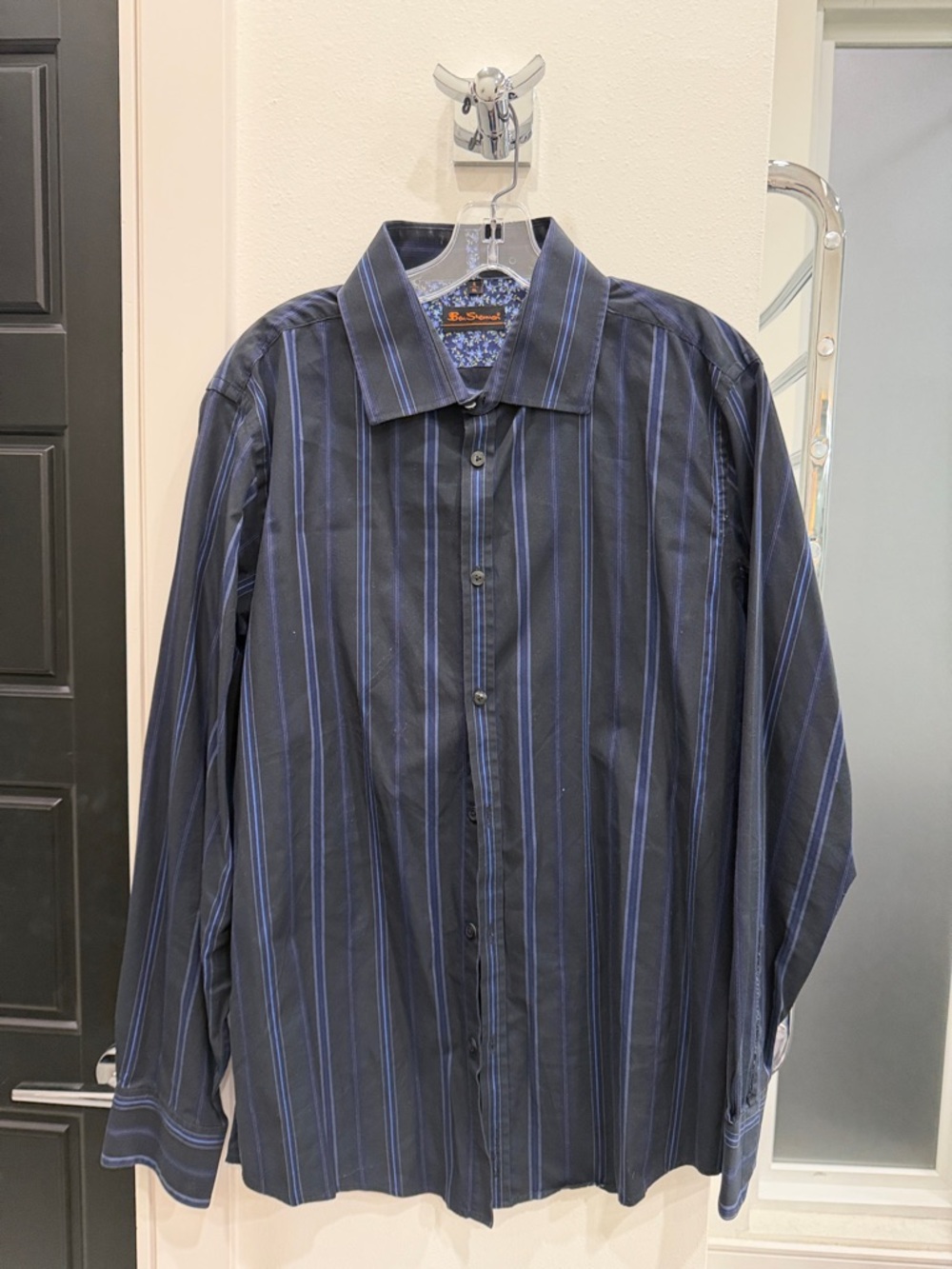 Ben Sherman Black Button-Up Shirt with Blue Pinstripes